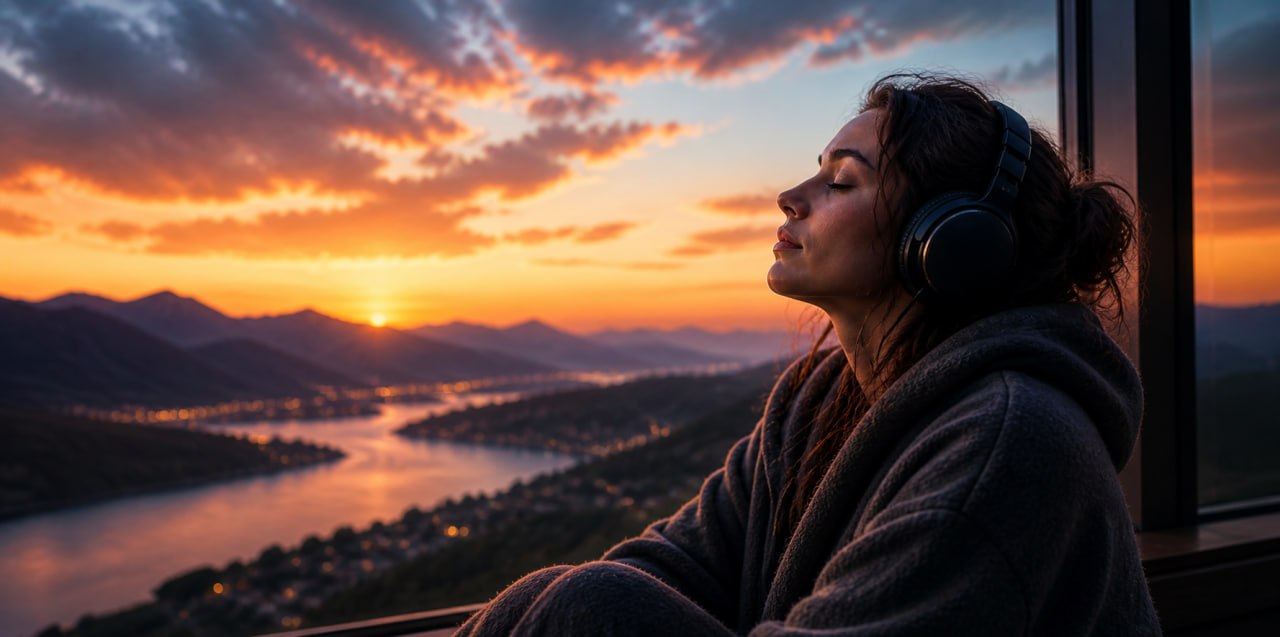 Relaxed listener wearing headphones in a cinematic landscape